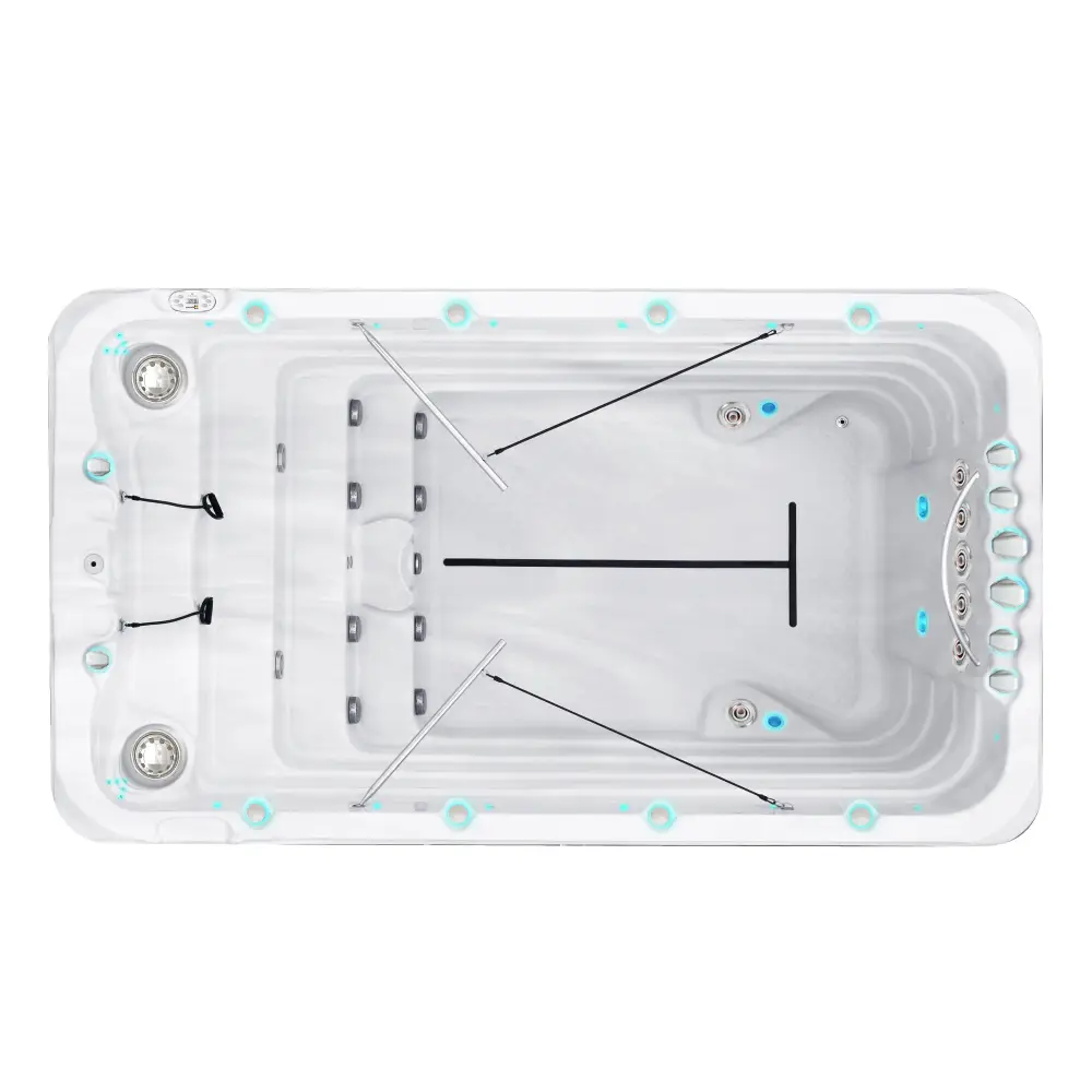 Vit PassionSpa Fitness 1 Deep Swim Spa med vit rektangulär form, blå LED-belysning och svarta interiördetaljer